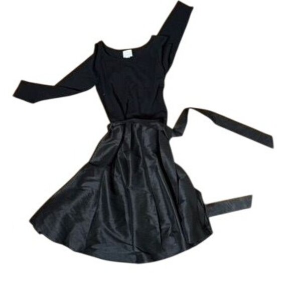 Anthropologie Maeve Black 3/4 Sleeve Fit & Flare Dress‎ With Satin Waist Tie - Picture 1 of 8